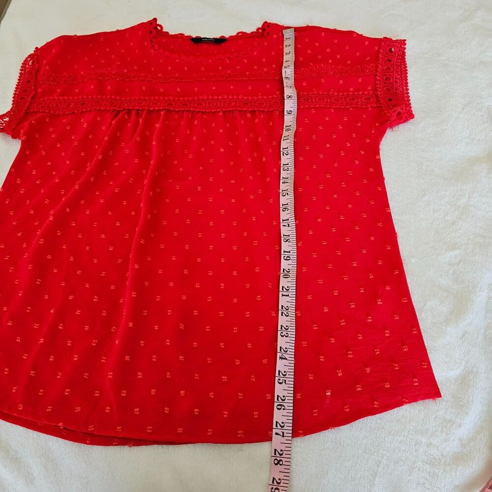 Dokotoo Women's Size M Red Swiss Dot Blouse Crochet Lace Short Sleeve Top - Picture 5 of 7